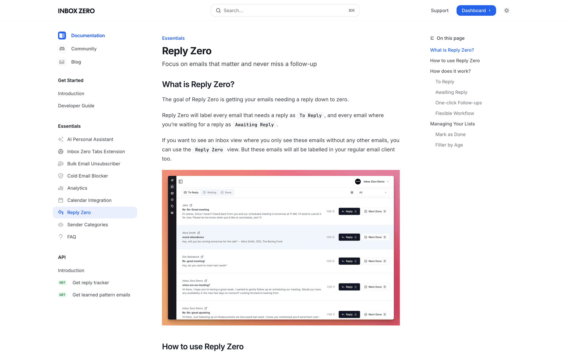 Inbox Zero Reply Zero feature documentation showing To Reply and Awaiting Reply tracking labels