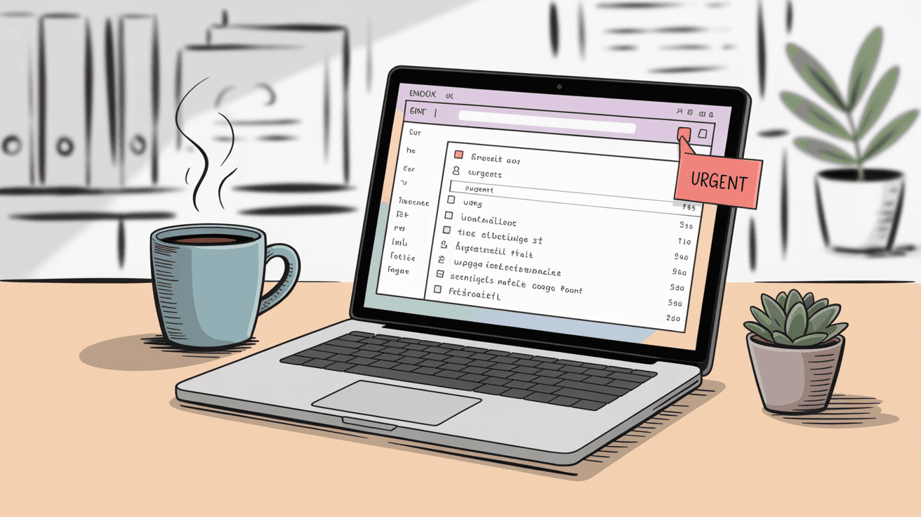 Professional workspace showing organized email management interface with laptop, coffee, and office supplies representing efficient email productivity